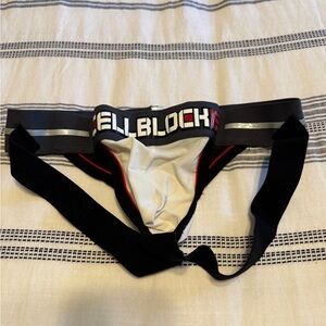 Hellblocker Men’s White Jockstrap Brief with Black & Red Trim